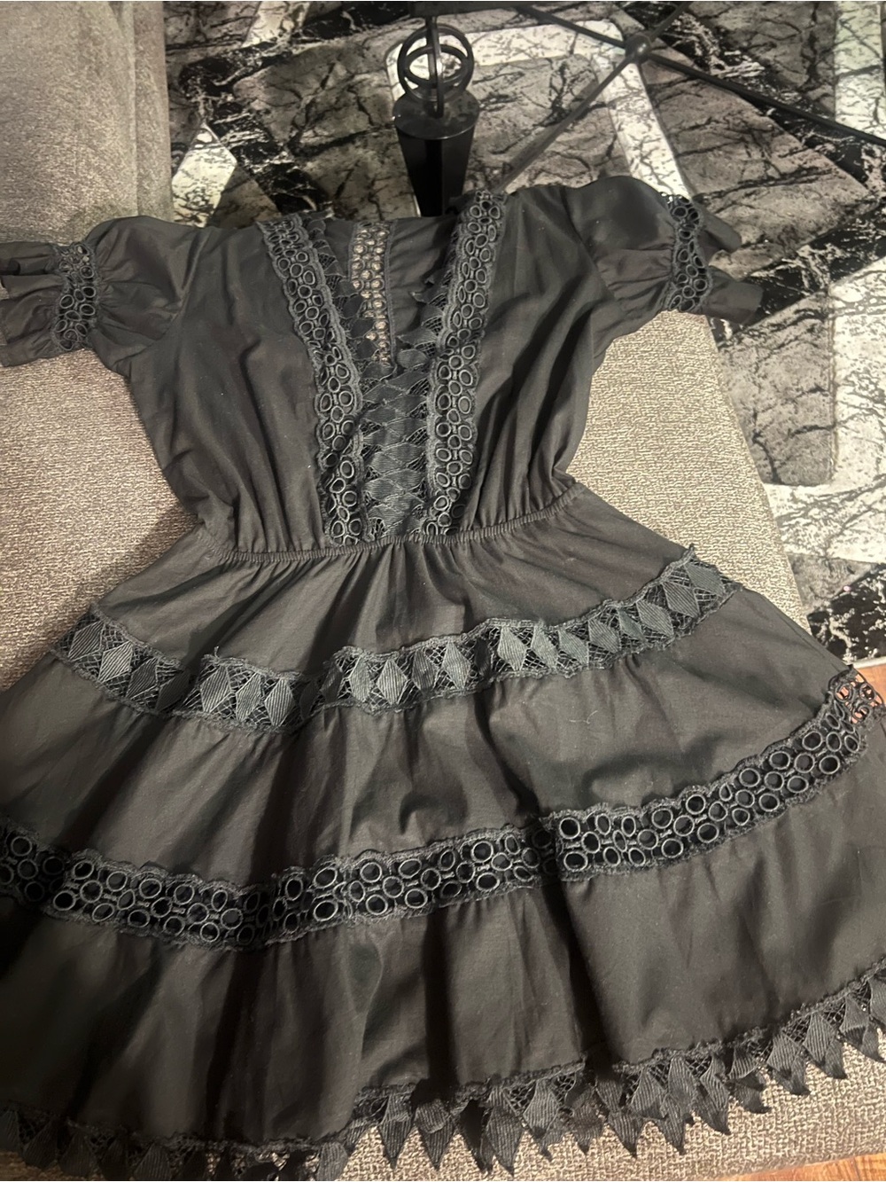 Elegant Black Lace-Trim Mini Dress with Puff Sleeves